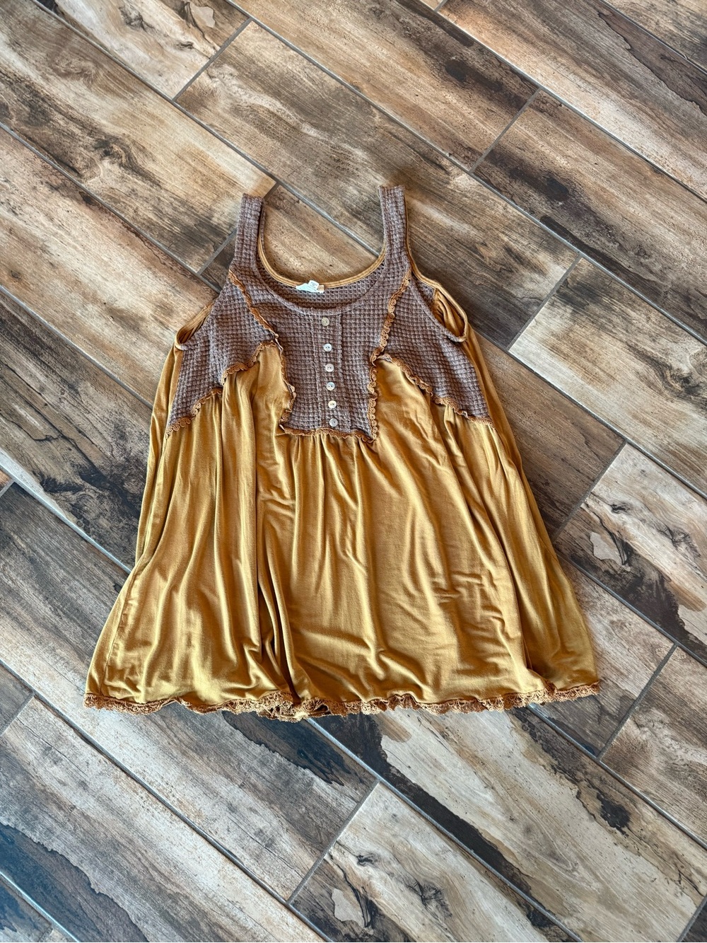 Three Bird Nest Mustard and Brown Mixed-Media Tank Tunic